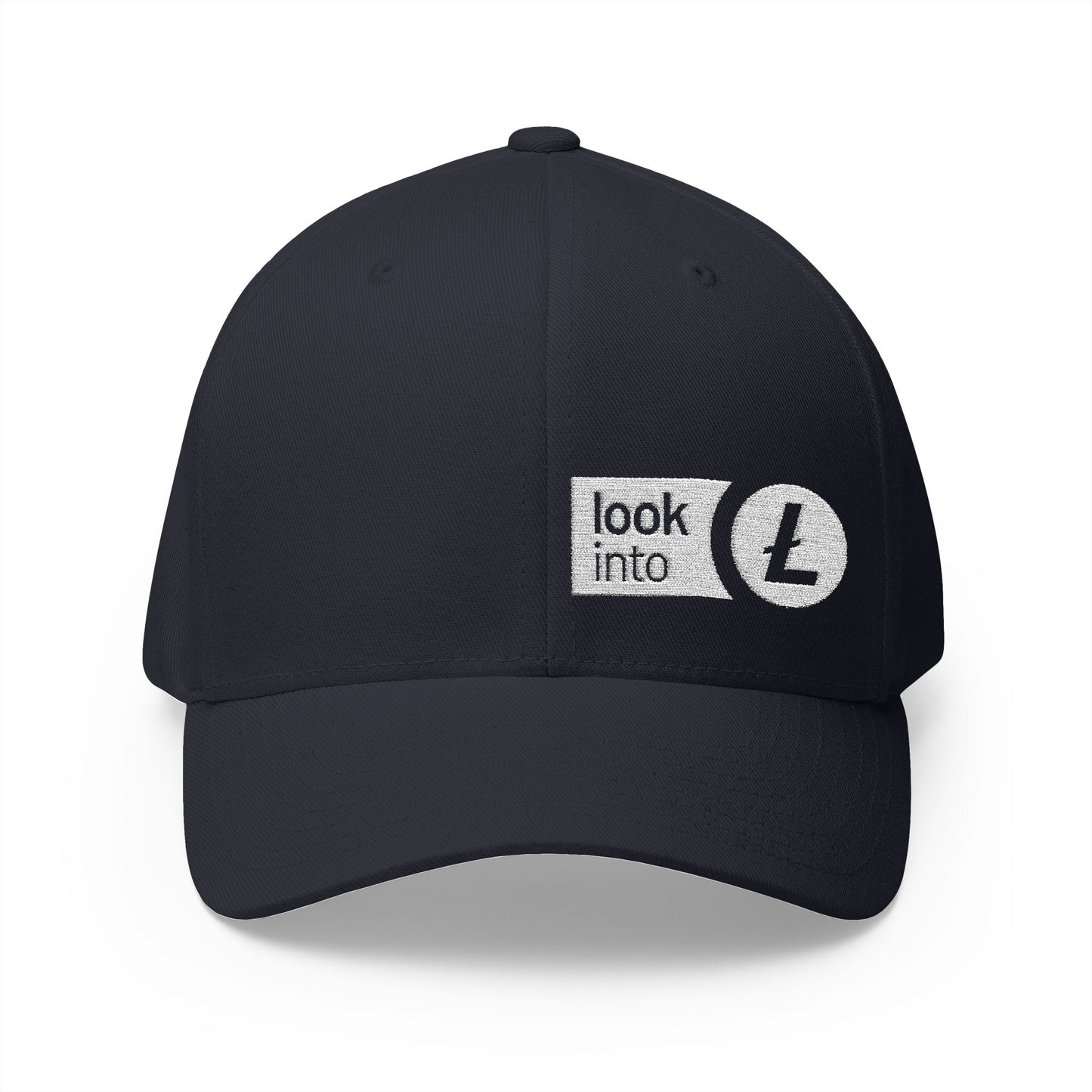 Embroidered Crypto Logo Cap — 'look into ' Front & 'ltc > btc' Back